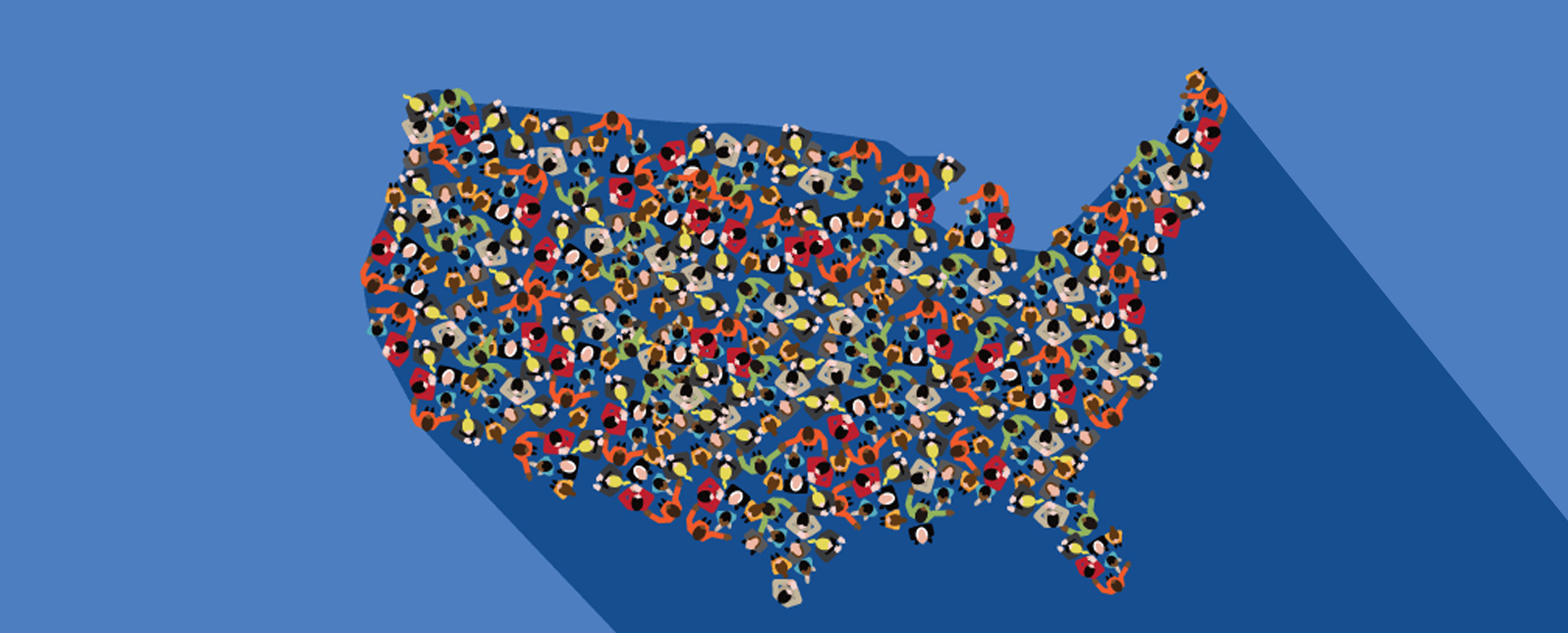 Illustration of the United States map composed of diverse people silhouettes, representing demographic sampling and population diversity for research studies