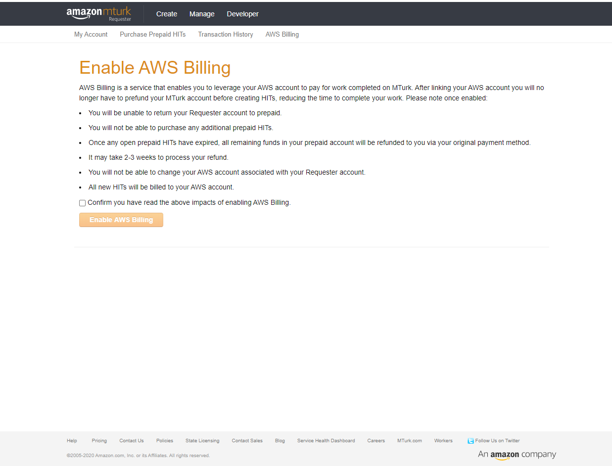 Screenshot of Amazon Mechanical Turk interface showing the AWS Billing option with an 'Enable AWS Billing' button