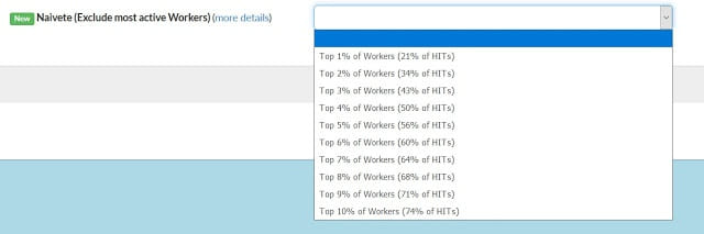 Screenshot of CloudResearch's 'Naivete (Exclude most active Workers)' dropdown menu feature, which allows researchers to select what percentage of the most active MTurk workers to exclude from their studies, helping to recruit less experienced participants