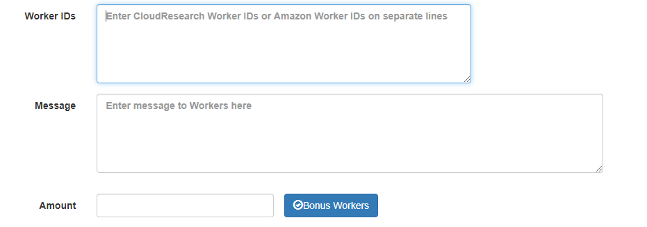 Bonus Workers window showing where to enter Worker IDs on separate lines and include an optional message