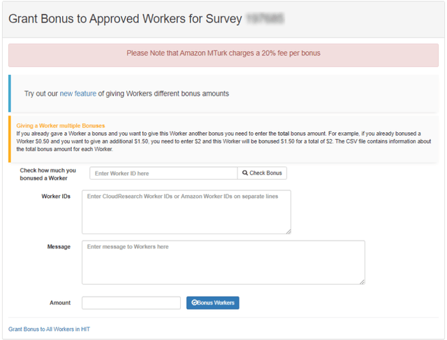 Screenshot of the Grant Bonus page with fields for Worker IDs, bonus amount, and message