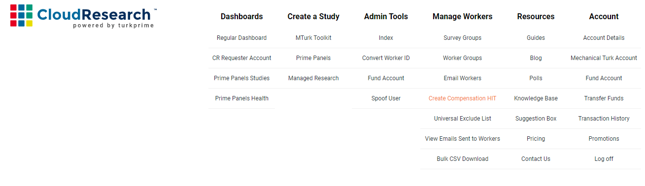 Screenshot of CloudResearch dashboard showing the 'Create Compensation HIT' option in the Manage Workers dropdown menu