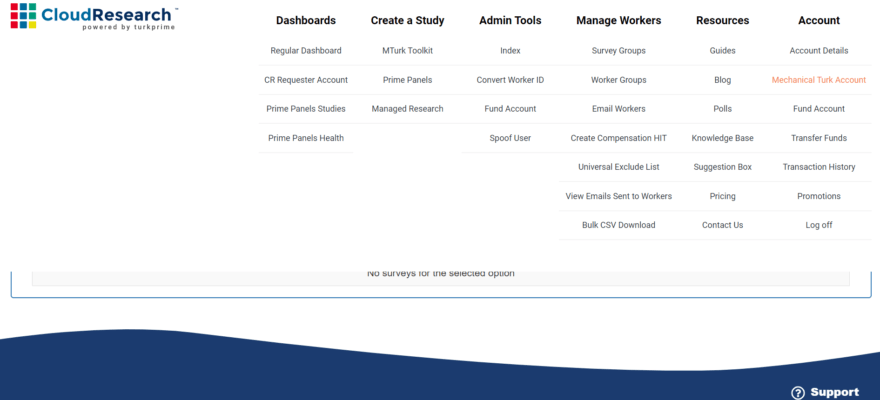 Screenshot of CloudResearch dashboard showing where to access Mechanical Turk Account settings