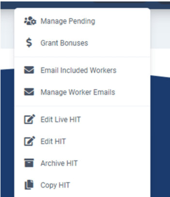 Options menu for live studies showing actions like manage submissions, grant bonuses, edit study and email participants