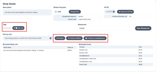 Dashboard view showing preview options for different platforms including MTurk and CloudResearch