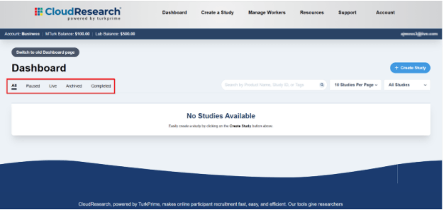 Dashboard dropdown menu showing study status filter options including All, Paused, Live, Archived, and Completed