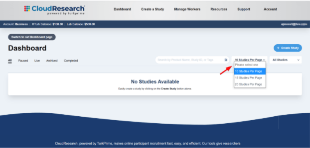 Dashboard dropdown menu showing options to display different numbers of studies per page (10, 20, 50, or 100)
