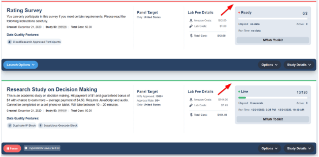 Study card with red highlight indicating the study is waiting to launch