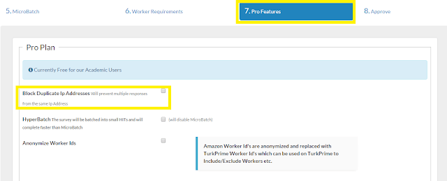 Screenshot of CloudResearch interface showing the Block Duplicate IP Addresses feature option