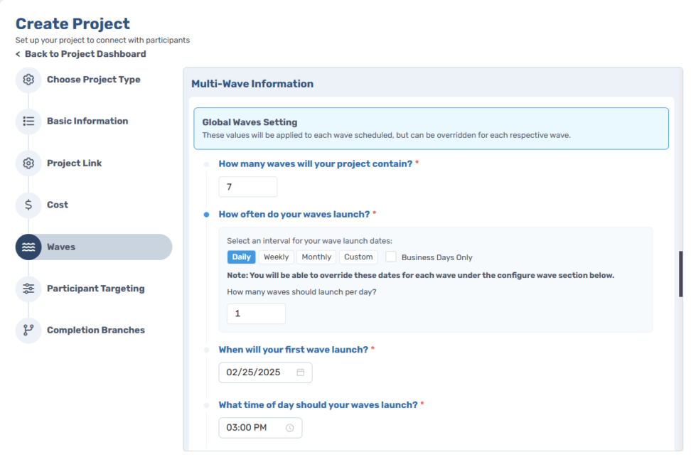 Screenshot of CloudResearch Connect's Waves interface showing the study setup wizard with options for configuring multiple waves of data collection, including timeline settings, participant eligibility, and payment structure