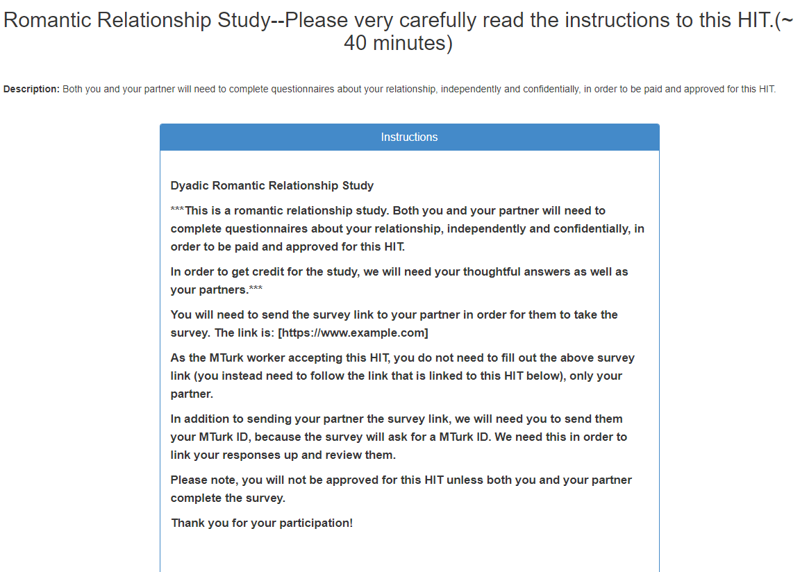 Sample of instructions used by researcher to introduce a dyadic study