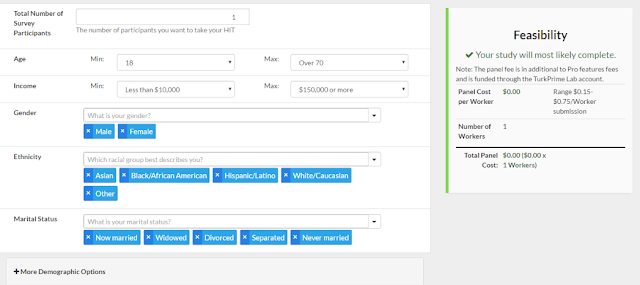 Screenshot of MTurk Panels interface showing available demographic trait selection options