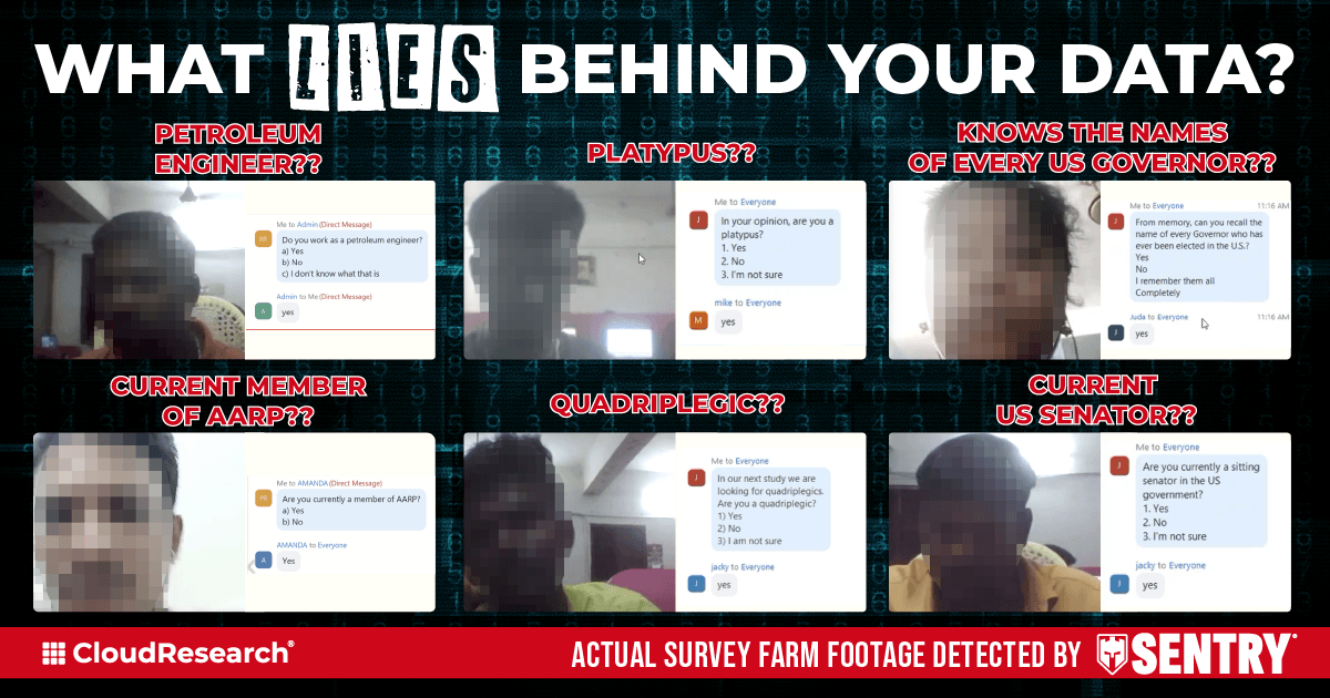 Grid of interview screenshots from 'What Lies Behind Your Data' project showing CloudResearch's research interviews with individuals engaged in survey fraud