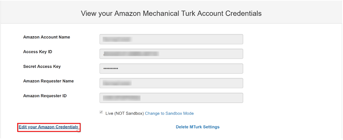 Screenshot of CloudResearch Amazon Credentials form where users enter their new AWS access keys