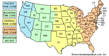 Map of the United States showing different time zones to help researchers select appropriate regions when controlling for time of day bias