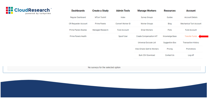 Screenshot showing the Transfer Funds option in the dropdown menu under the user icon