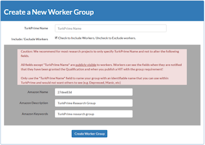 Screenshot of the TurkPrime Worker Groups interface for creating reusable worker groups